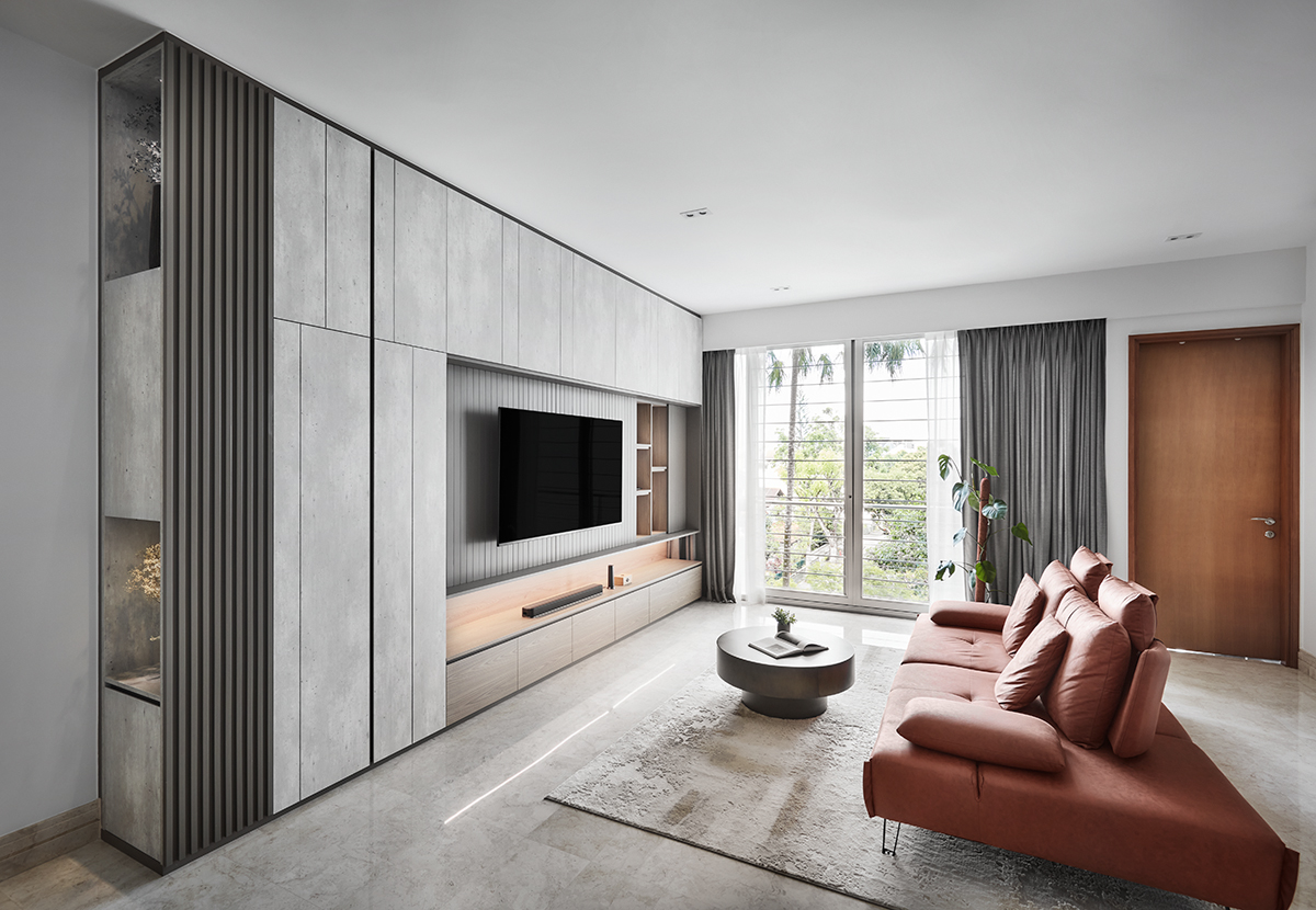 squarerooms richfield integrated home renovation interior design condominium condo unit luxury modern brutalist style monochromatic aesthetic colour palette white grey farmhouse style living room area feature wall tv