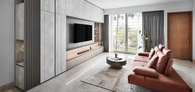 squarerooms richfield integrated home renovation interior design condominium condo unit luxury modern brutalist style monochromatic aesthetic colour palette white grey farmhouse style living room area feature wall tv