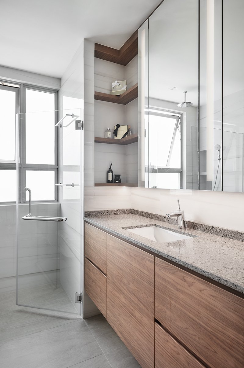 squarerooms richfield integrated home renovation interior design condominium condo unit luxury modern brutalist style monochromatic aesthetic colour palette white grey farmhouse style bathroom shower wood vanity