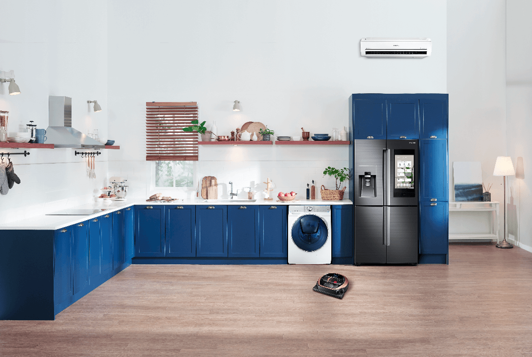 squarerooms samsung robot vacuum washing machine blue kitchen cabinets smart appliances fridge family hub