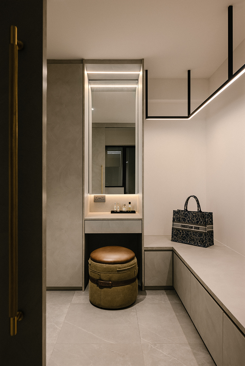 squarerooms oblivion lab executive hdb flat tampines contemporary style minimalist warm colour palette walk in wardrobe grey