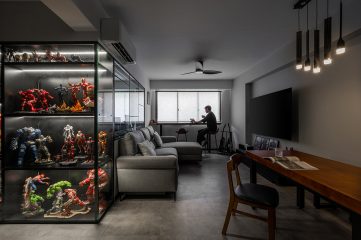squarerooms darwin interior 4 room hdb flat renovation makeover singapore interior design punggol walk apartment modern contemporary black and white style monochromatic aesthetic living room office clear glass window dark look toy collection display