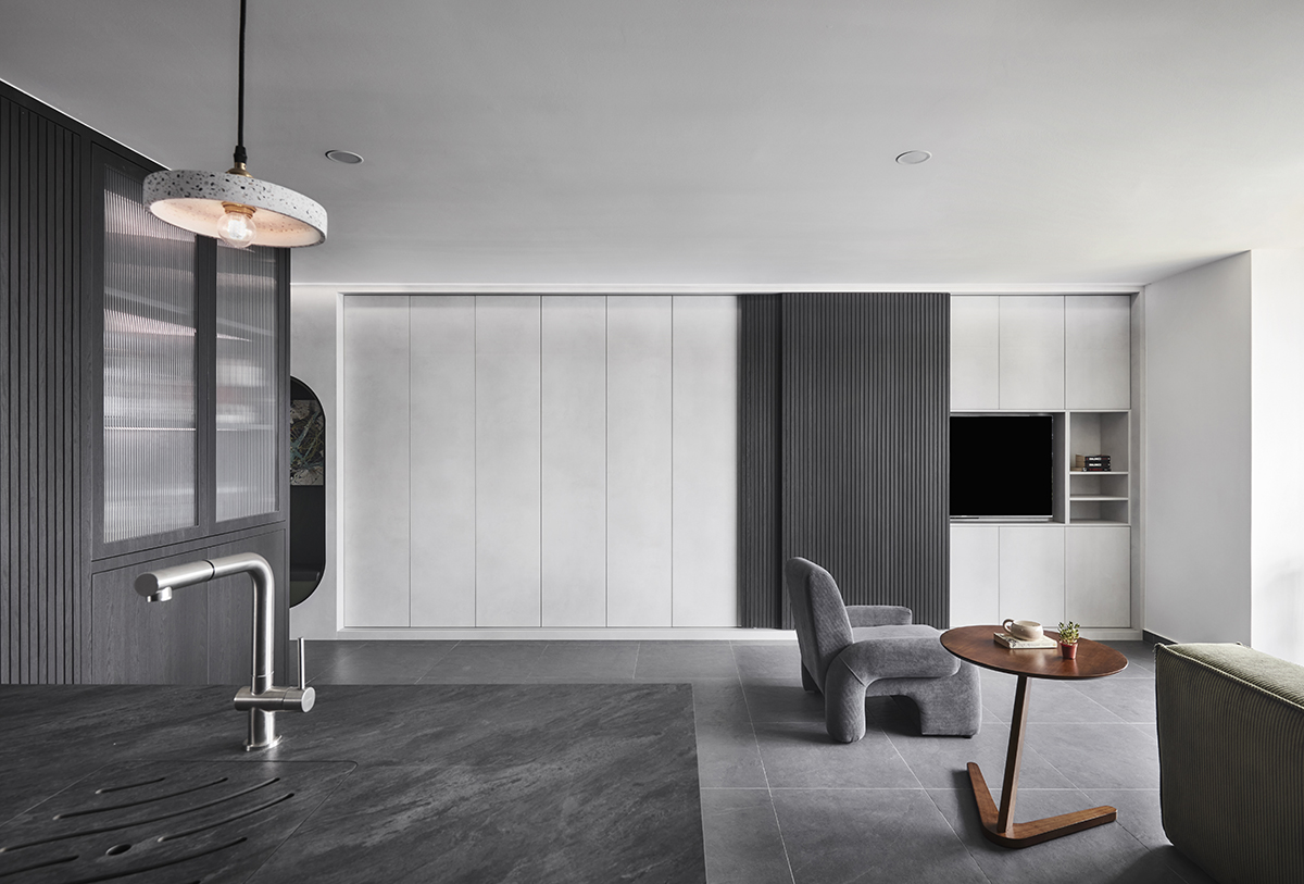 A high-end cinematic psychological drama set in a dimly lit, minimalist ...