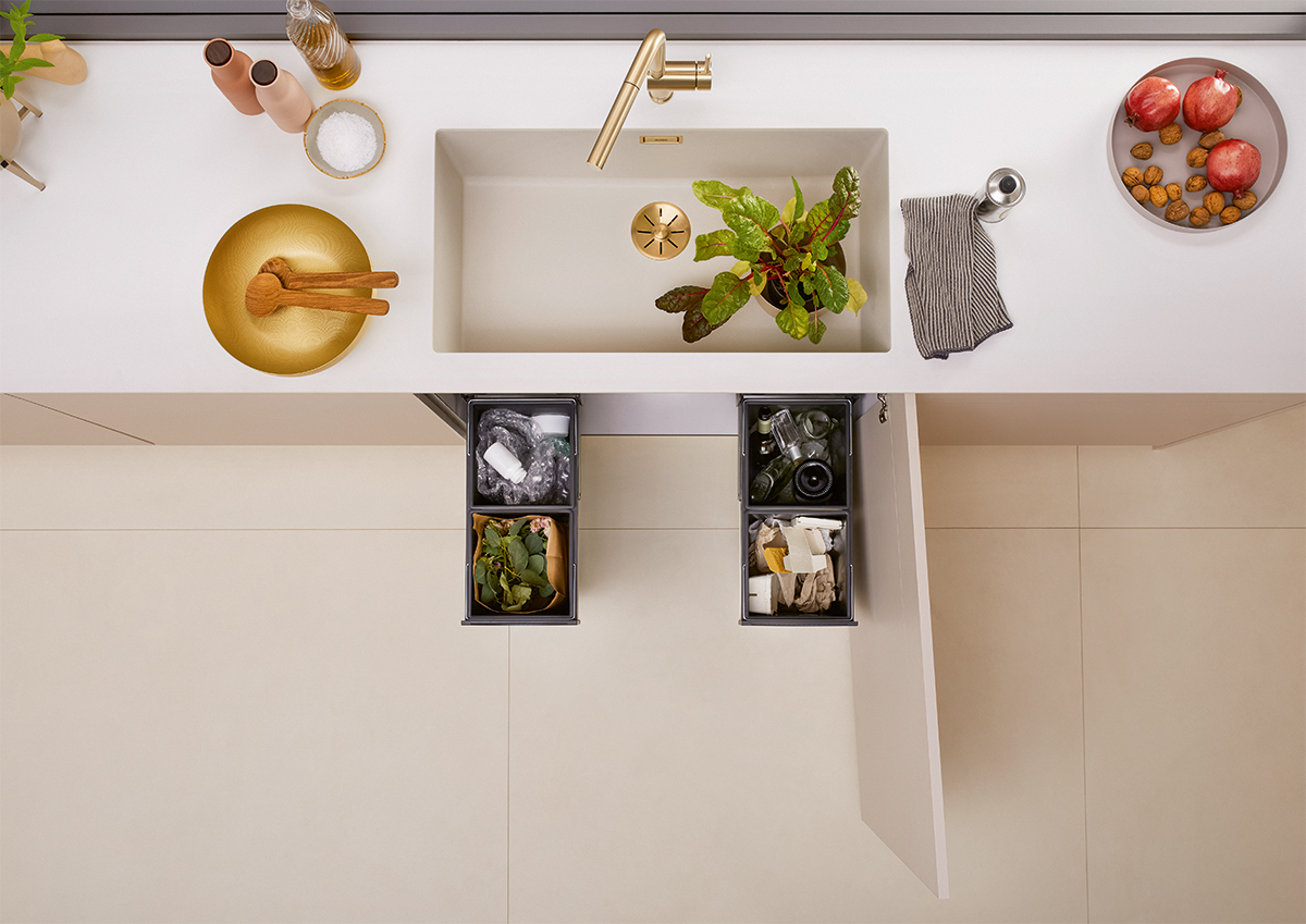 blanco subline kitchen organisation system blanco unit fittings cream minimalist modern cabinets trash bin