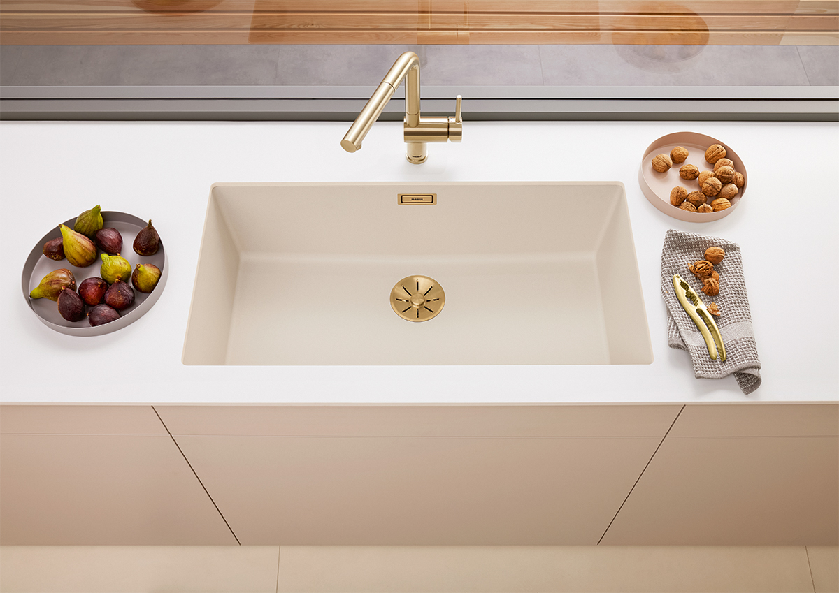blanco subline kitchen organisation system blanco unit fittings cream minimalist modern cabinets undermount sink wash basin